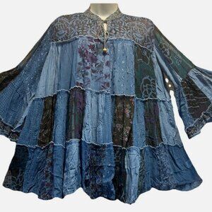 Nw FUNKY STUFF patch boho tiered babydoll sheer chiffon viscose TOP L